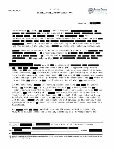 FBI UAP D009 FD 302 67 Northeastern Orb Sighting 2026 — 第 1 頁