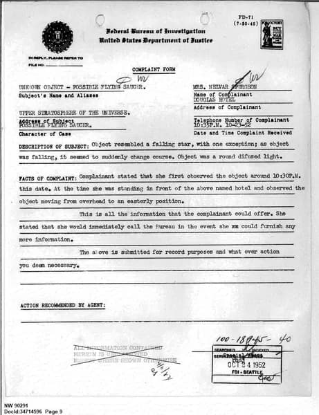 FBI UAP D013 WA UFO Investigation 1952 1960 — 第 9 頁