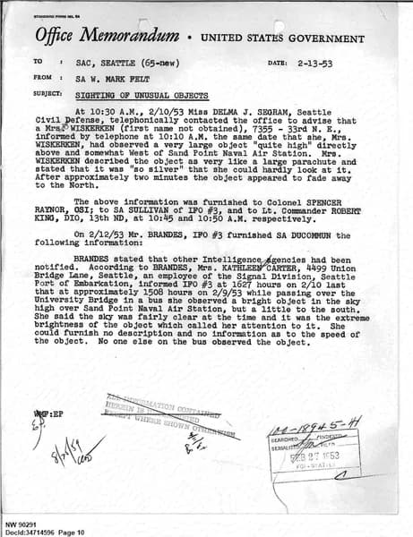 FBI UAP D013 WA UFO Investigation 1952 1960 — 第 10 頁