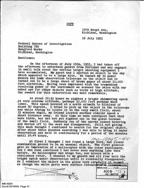 FBI UAP D013 WA UFO Investigation 1952 1960 — 第 11 頁