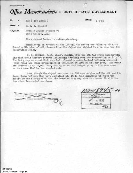 FBI UAP D013 WA UFO Investigation 1952 1960 — 第 14 頁