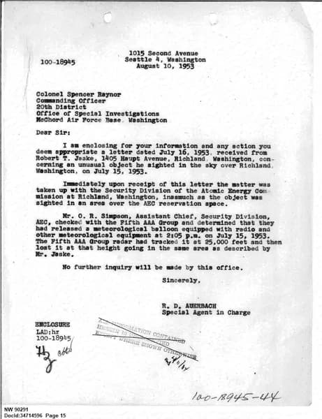FBI UAP D013 WA UFO Investigation 1952 1960 — 第 15 頁
