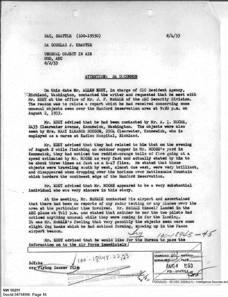 FBI UAP D013 WA UFO Investigation 1952 1960 — 第 16 頁
