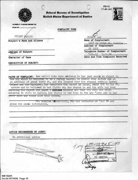 FBI UAP D013 WA UFO Investigation 1952 1960 — 第 19 頁