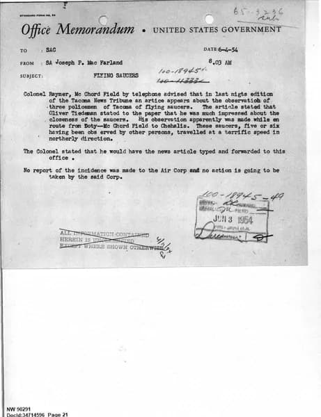 FBI UAP D013 WA UFO Investigation 1952 1960 — 第 21 頁