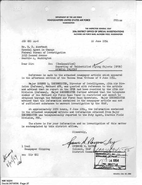 FBI UAP D013 WA UFO Investigation 1952 1960 — 第 27 頁