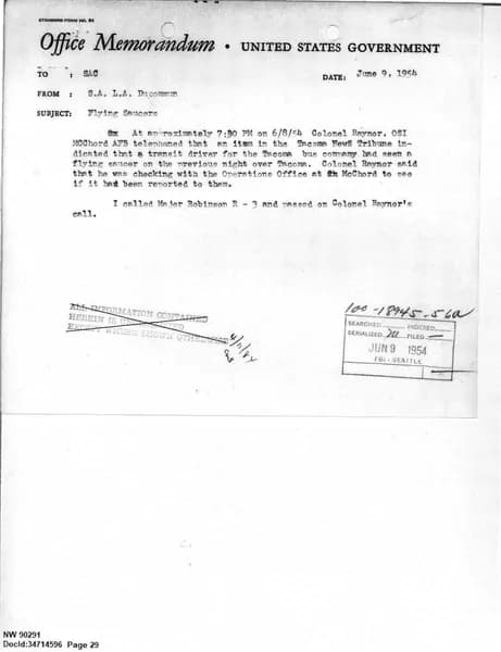 FBI UAP D013 WA UFO Investigation 1952 1960 — 第 29 頁
