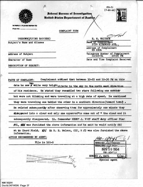 FBI UAP D013 WA UFO Investigation 1952 1960 — 第 37 頁