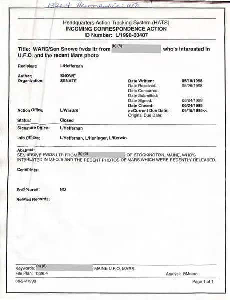 USG UAP D001 Congress WhiteHouse UFO Correspondence 1998 — p.2
