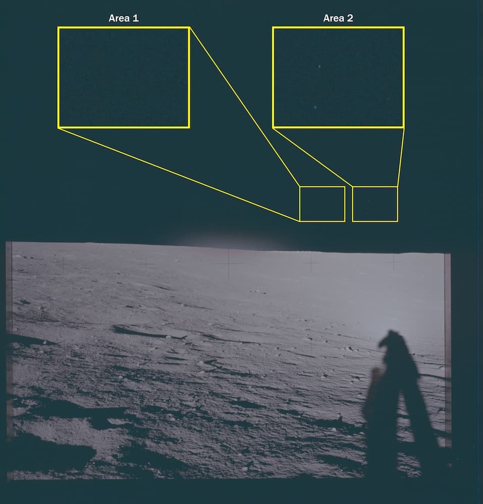 Apollo 12：Area 1 / Area 2 標註的兩處微光