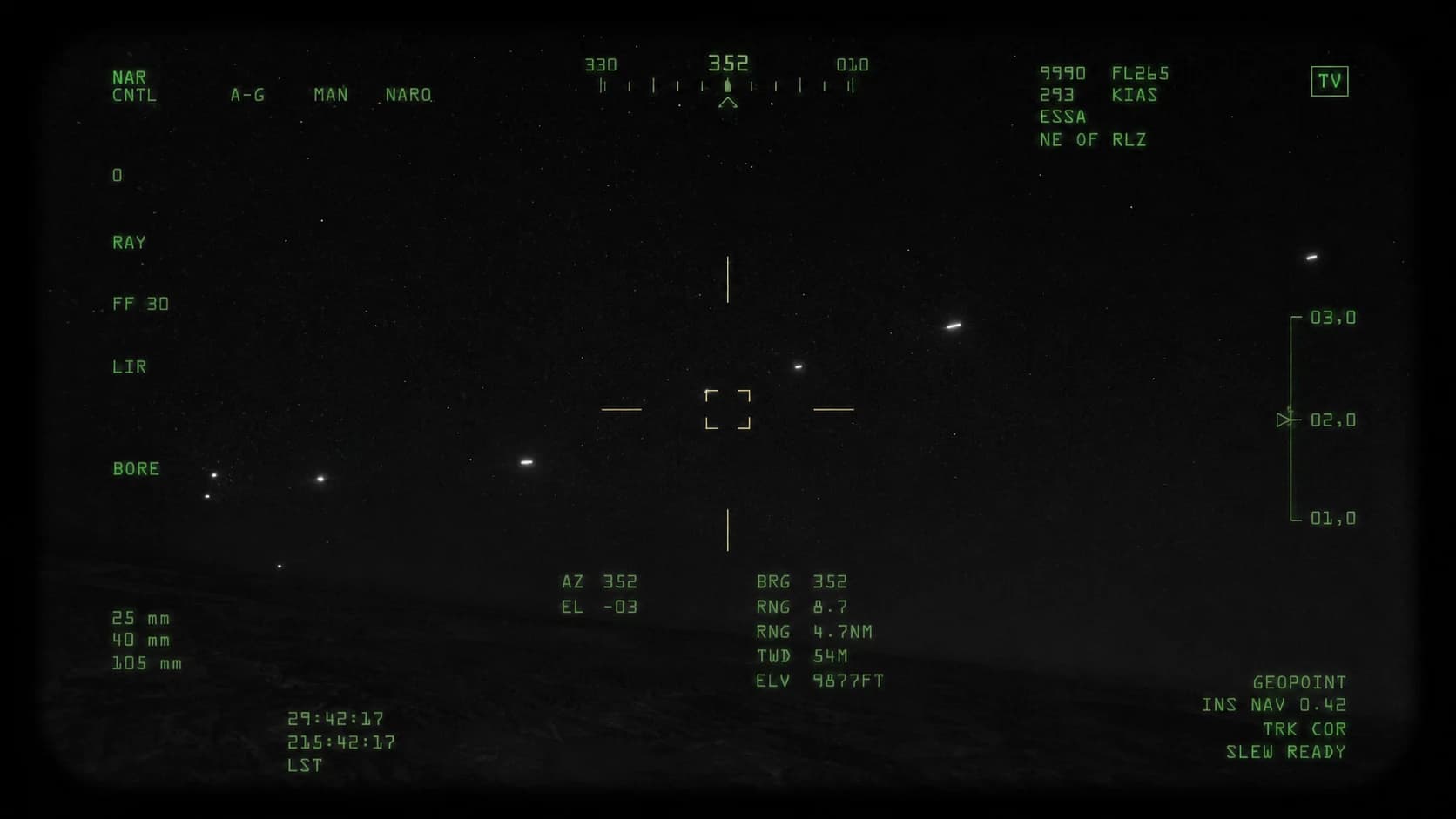 重現 2023/2/21 敘利亞 F-16 從瞄準莢艙看見的「10–20 個 UAP」群體。
